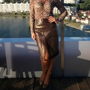 Christian Dior Brown 100% Lambskin Leather Pencil Skirt